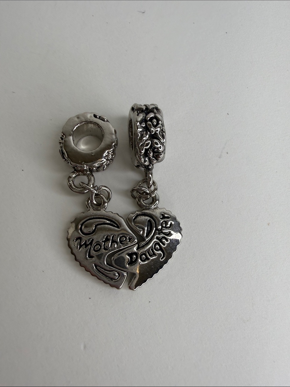 Silver Tone Mother Daughter Split Heart Dangle Charm Set Slide Charms